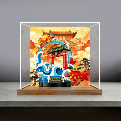 LEGO 80120 Prosperity Carp Leaping Mirror Acrylic Display Case with Ring Light & UV-Printed Background - Dustproof Showcase