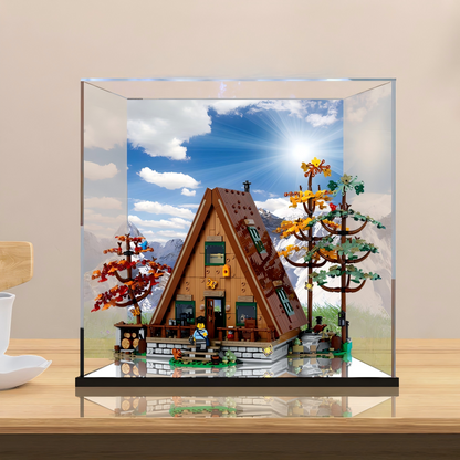 Acrylic Display Case for LEGO 21338 A-Frame Cabin, with Themed Printed Background & Dustproof Box