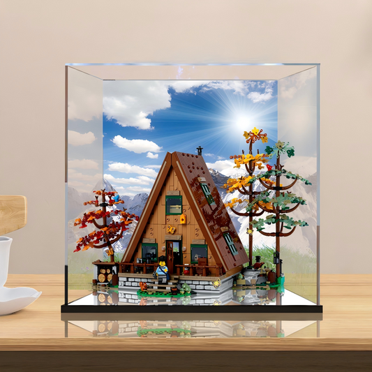 Acrylic Display Case for LEGO 21338 A-Frame Cabin, with Themed Printed Background & Dustproof Box