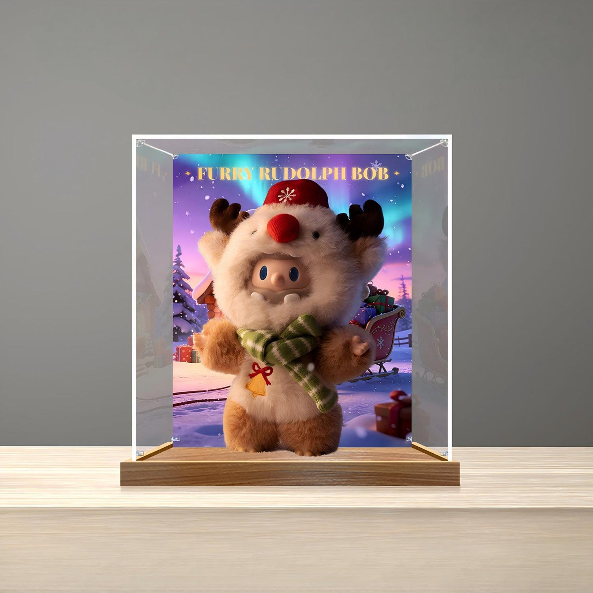 Pop Mart Furry Rudolph Bob Series Mirror Acrylic Display Case with Ring Light & UV-Printed Background - Dustproof Showcase