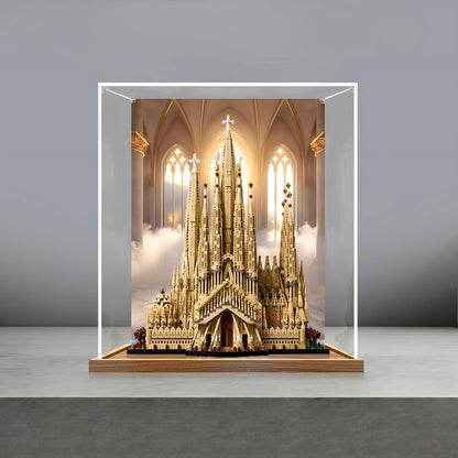 LEGO 21065 圣家堂镜面亚克力展示盒，带环形灯和UV印刷背景 - 防尘展示柜