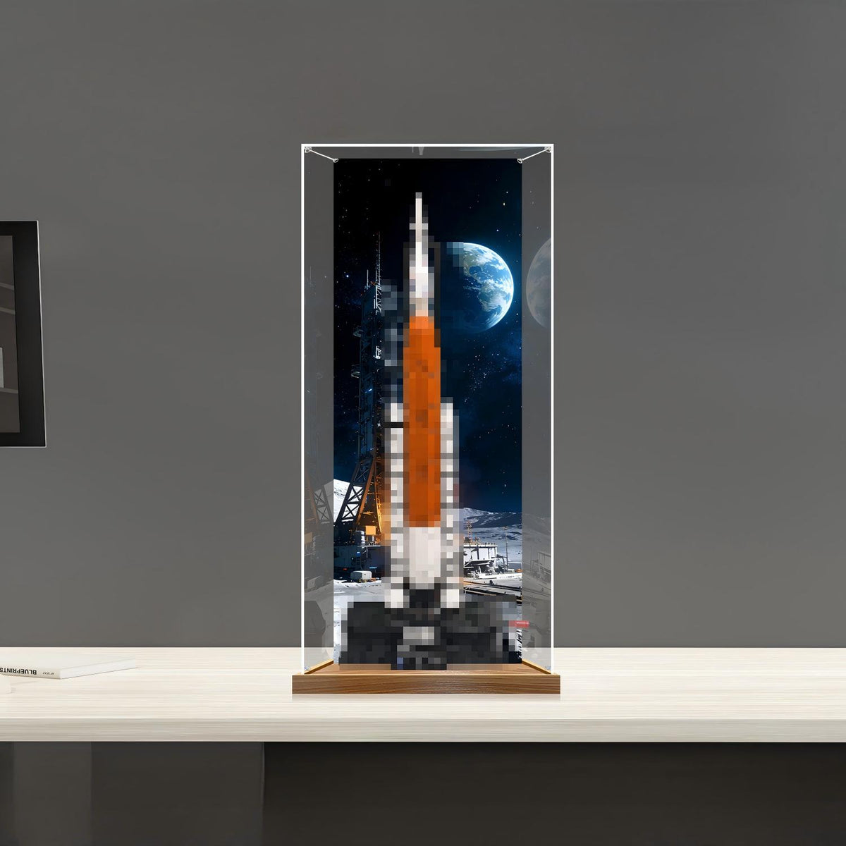 LEGO 42221 ناسا أرتيميس نظام إطلاق الفضاء صاروخ مرآة أكريليك صندوق عرض مع ضوء حلقي وخلفية مطبوعة بالأشعة فوق البنفسجية - عرض مقاوم للغبار