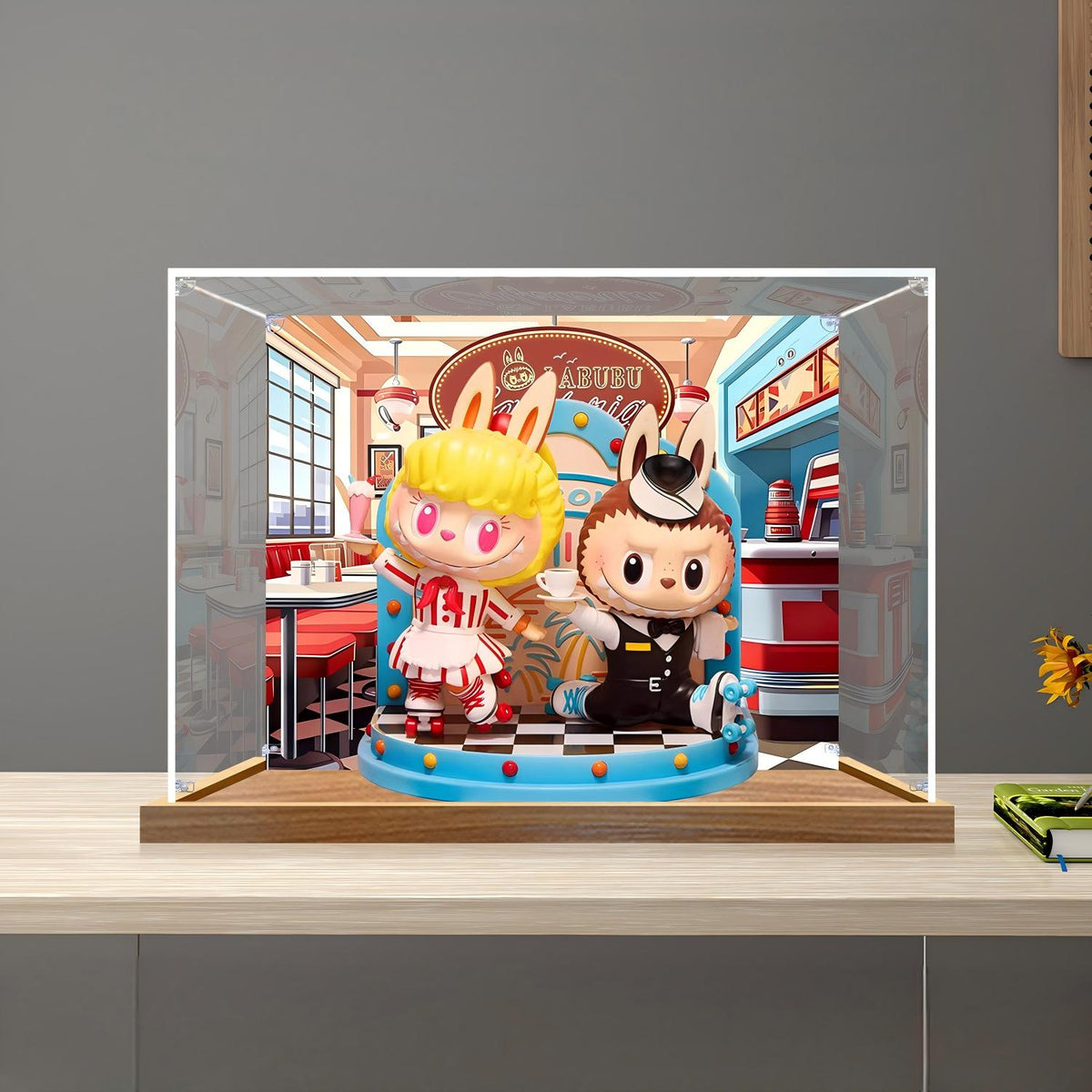 Pop Mart THE MONSTERS LABUBU Diner Spiegel Acryl Displaydoos met Ringlicht & UV-bedrukte Achtergrond - Stofvrije Vitrine