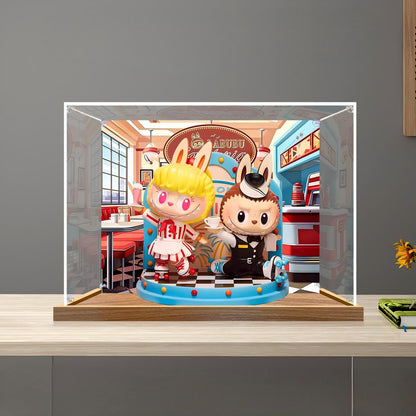 Pop Mart THE MONSTERS LABUBU Diner Spiegel Acryl Displaydoos met Ringlicht & UV-bedrukte Achtergrond - Stofvrije Vitrine