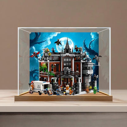 LEGO 76300 Arkham Asylum Mirror Acrylic Display Case with Ring Light & UV-Printed Background - Dustproof Showcase