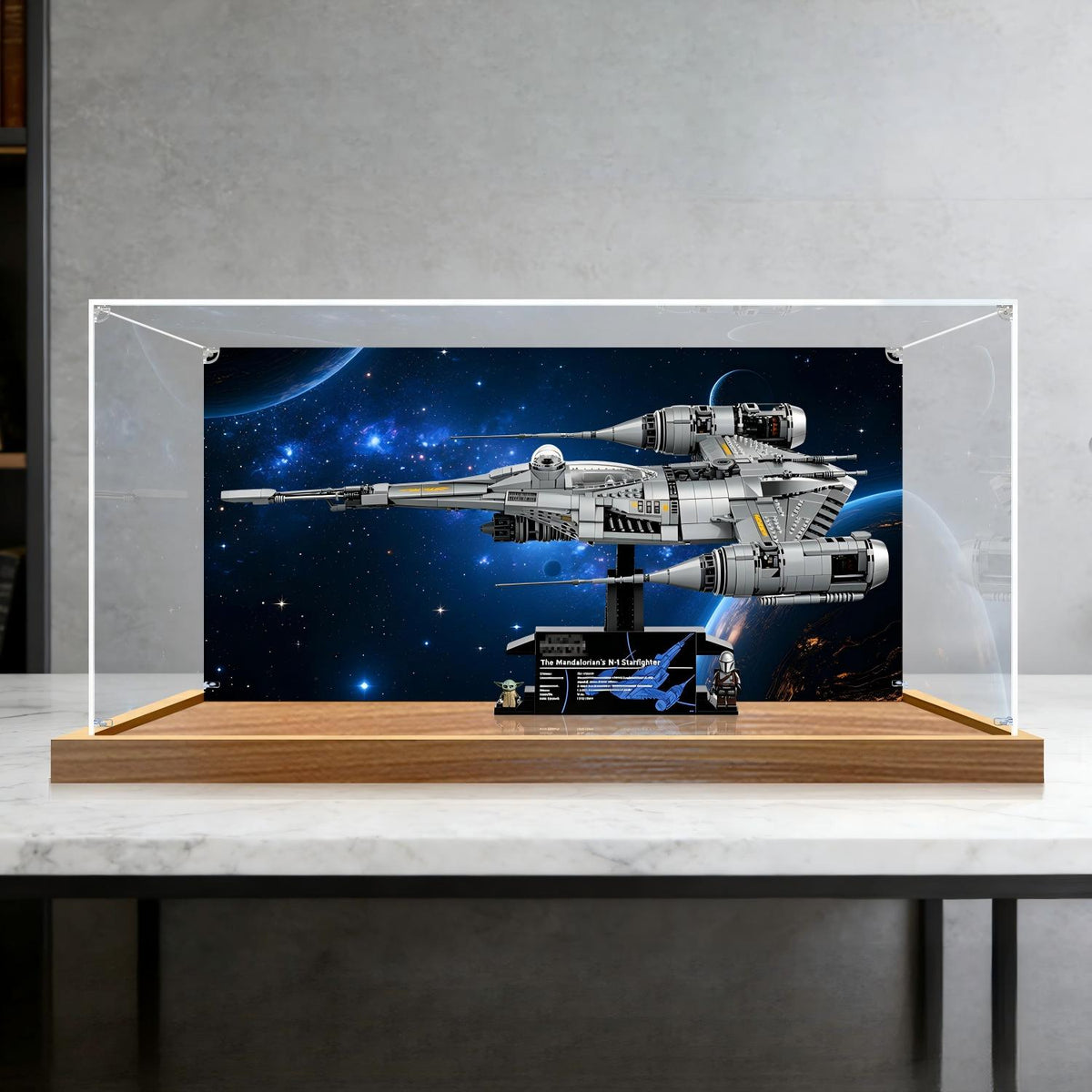 LEGO 75442 The Mandalorian's N-1 Starfighter - UCS Mirror Acrylic Display Case with Ring Light & UV-Printed Background - Dustproof Showcase
