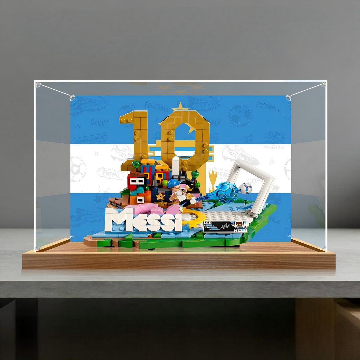 LEGO 43011 Lionel Messi - Soccer Highlights Mirror Acrylic Display Case with Ring Light & UV-Printed Background - Dustproof Showcase