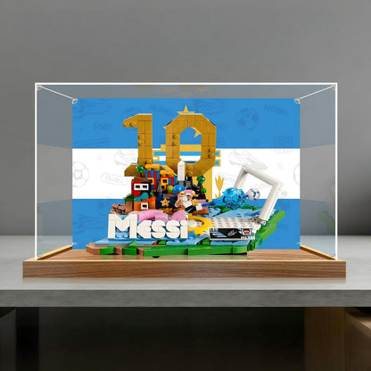 LEGO 43011 Lionel Messi - Soccer Highlights Mirror Acrylic Display Case with Ring Light & UV-Printed Background - Dustproof Showcase
