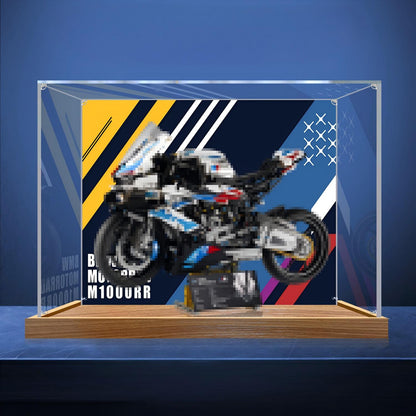LEGO 42130 BMW M 1000 RR ミラーアクリルディスプレイケース リングライト＆UVプリント背景付き - 防塵ショーケース