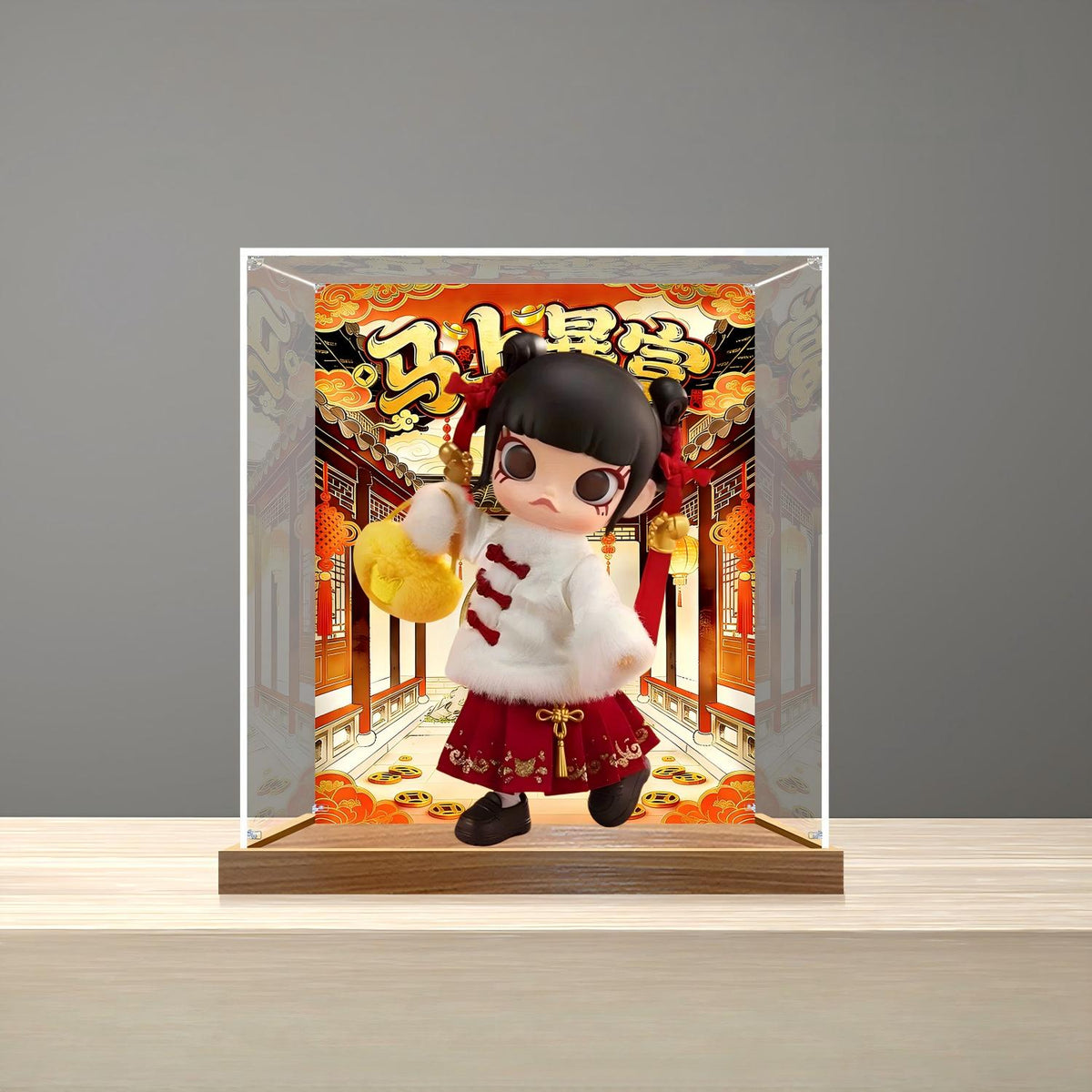 Pop Mart Molly Fortune Collection Mirror Acrylic Display Case with Ring Light & UV-Printed Background - Dustproof Showcase
