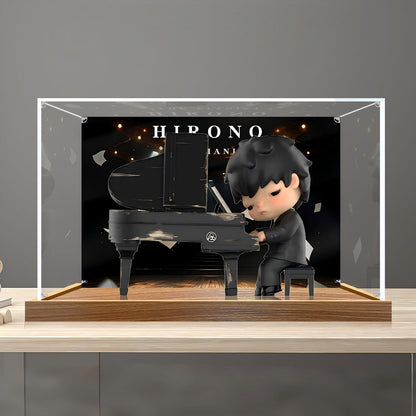Caixa de Exibição de Acrílico Espelhado da Série Pop Mart Hirono Piano com Luz de Anel e Fundo Impresso em UV - Vitrine à Prova de Poeira