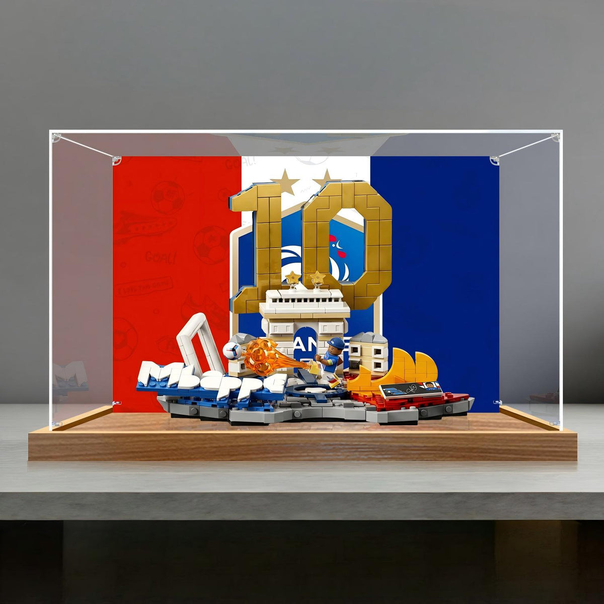 LEGO 43013 Kylian Mbappé - Soccer Highlights Mirror Acrylic Display Case with Ring Light & UV-Printed Background - Dustproof Showcase