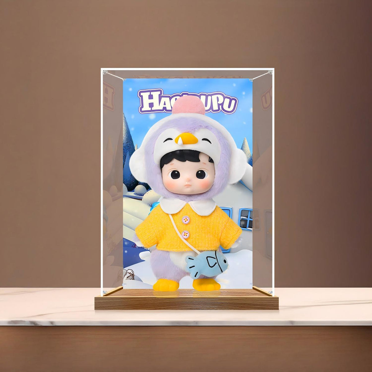 Pop Mart Hacipupu 镜面亚克力展示盒，带环形灯和UV印刷背景 - 防尘展示柜