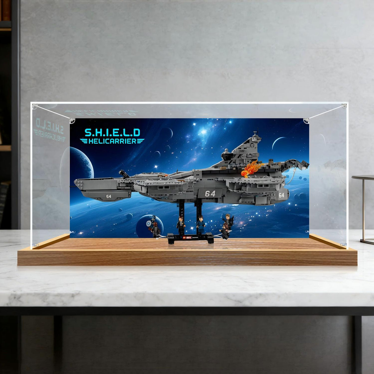LEGO 76354 S.H.I.E.L.D. Helicarrier حافظة عرض أكريليك مرآة مع ضوء حلقي وخلفية مطبوعة بالأشعة فوق البنفسجية - واجهة عرض مقاومة للغبار