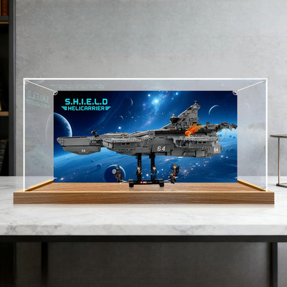 LEGO 76354 S.H.I.E.L.D. Helicarrier حافظة عرض أكريليك مرآة مع ضوء حلقي وخلفية مطبوعة بالأشعة فوق البنفسجية - واجهة عرض مقاومة للغبار