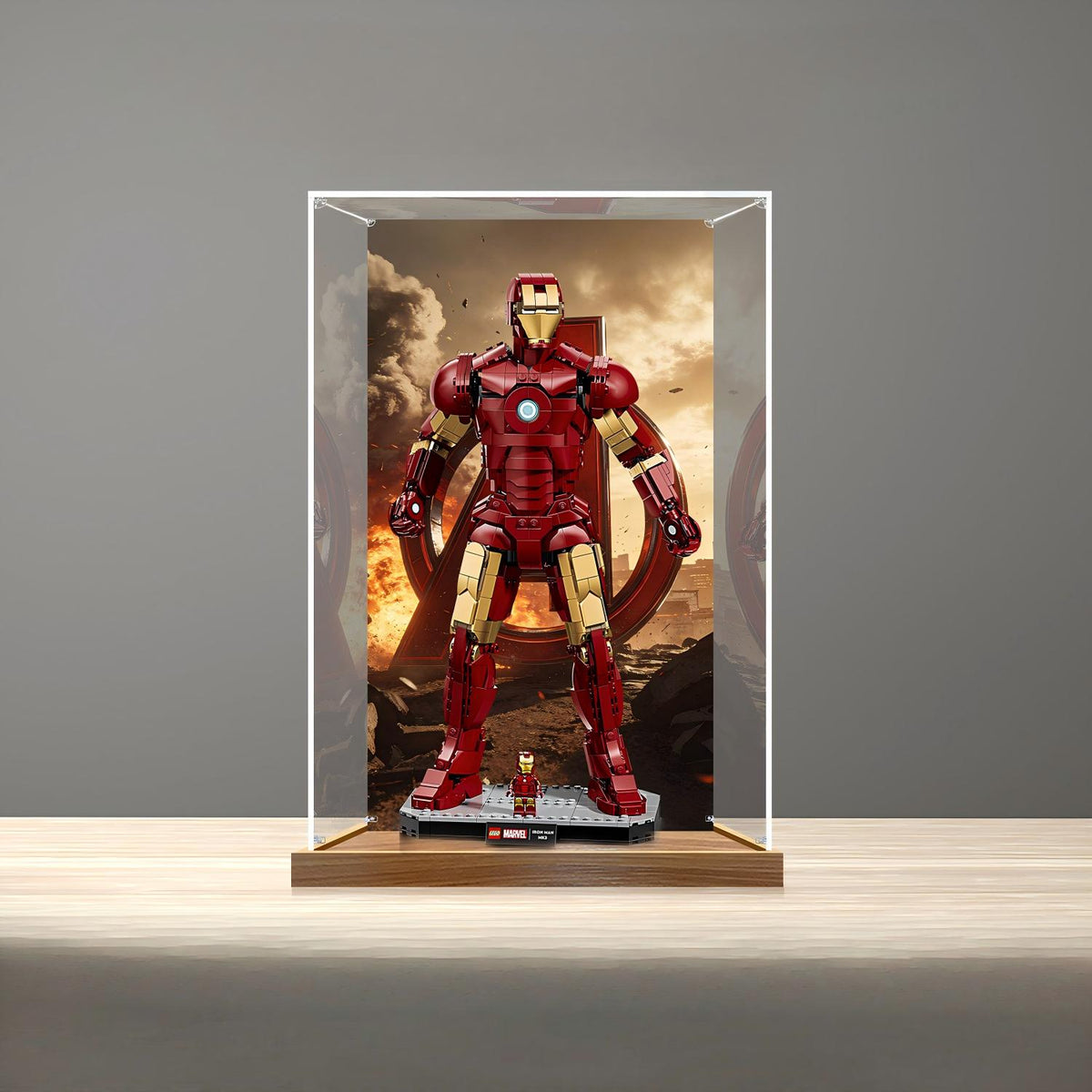 LEGO 76344 Iron Man Mark 3 Collectors' Edition Vitrine de Exibição em Acrílico Espelhado com Anel de Luz e Fundo Impresso em UV - Vitrine à Prova de Poeira