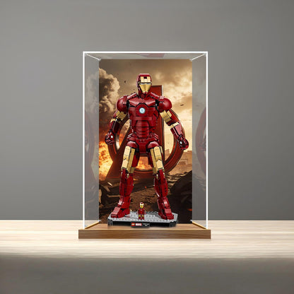 LEGO 76344 Iron Man Mark 3 Collectors' Edition Vitrine de Exibição em Acrílico Espelhado com Anel de Luz e Fundo Impresso em UV - Vitrine à Prova de Poeira