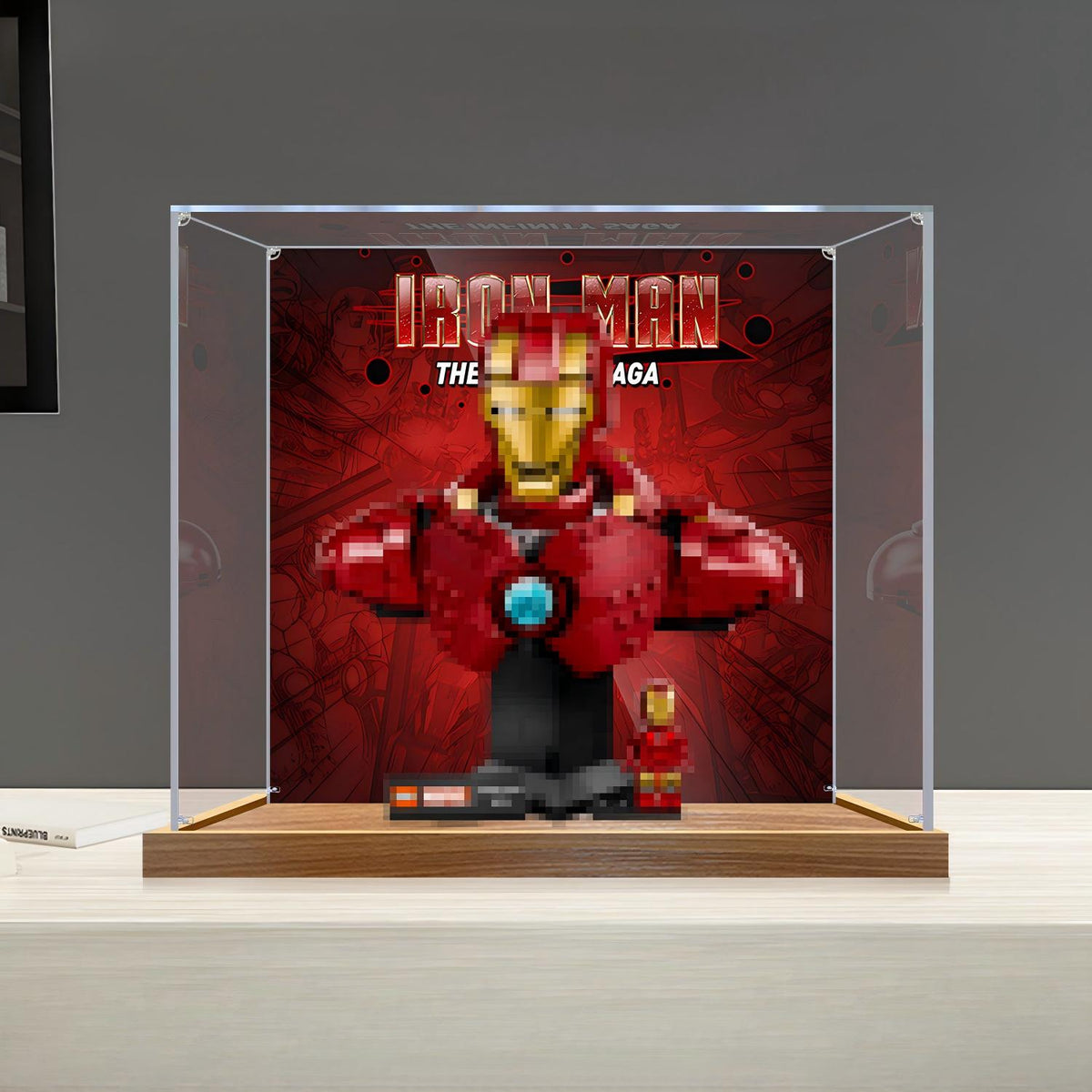 LEGO 76327 Iron Man MK4 Busto Vitrina de Exhibición de Acrílico Espejo con Anillo de Luz y Fondo Impreso en UV - Vitrina a Prueba de Polvo