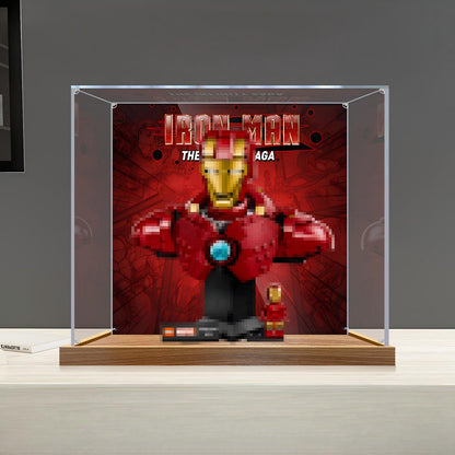 LEGO 76327 Iron Man MK4 Busto Vitrina de Exhibición de Acrílico Espejo con Anillo de Luz y Fondo Impreso en UV - Vitrina a Prueba de Polvo