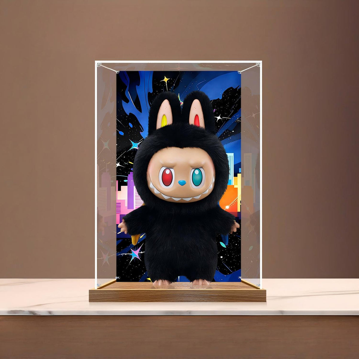 Pop Mart Labubu Mirror Acrylic Display Case with Ring Light & UV-Printed Background - Dustproof Showcase