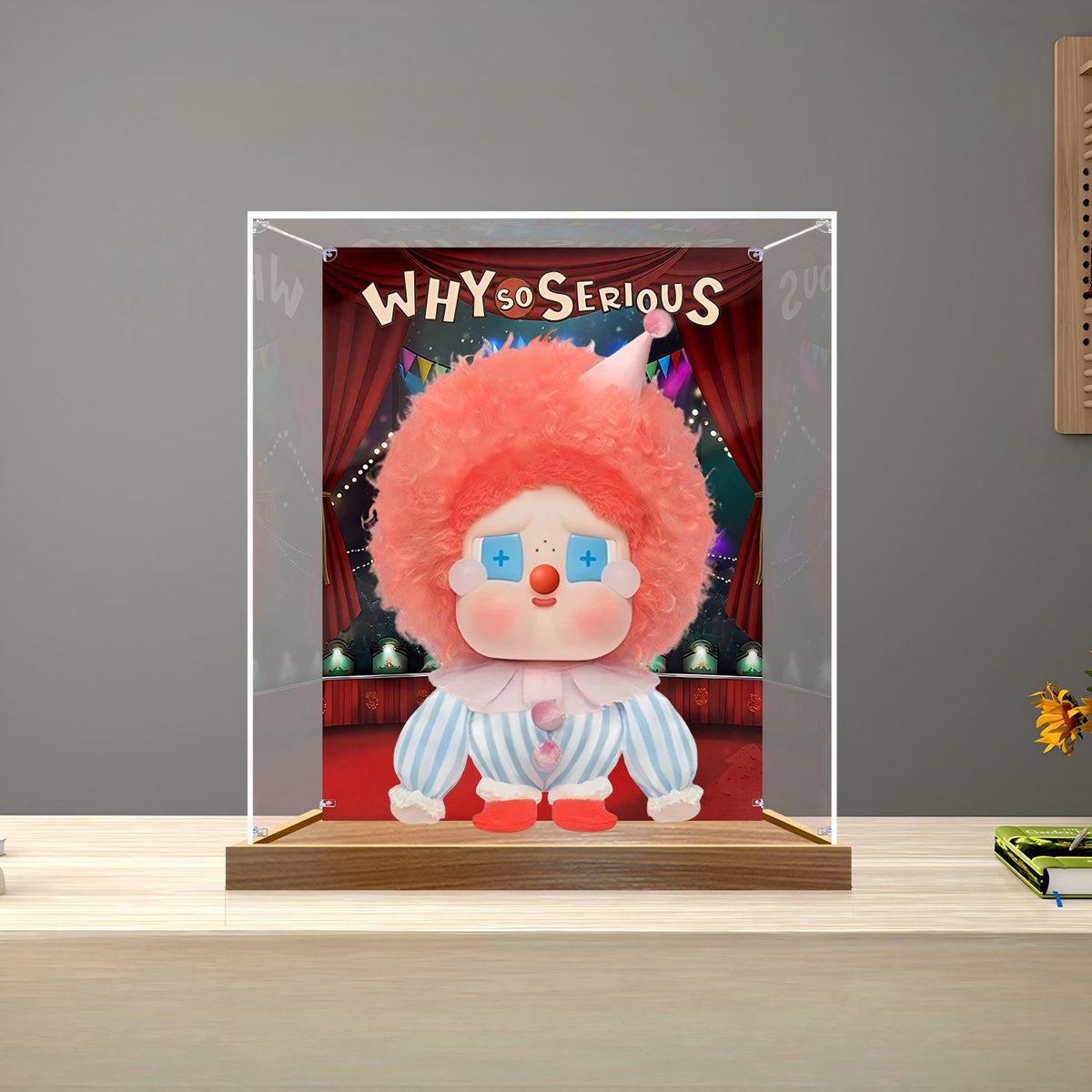 Boîte d'exposition en acrylique miroir Pop Mart Labubu Why So Serious avec anneau lumineux et fond imprimé UV - Vitrine anti-poussière