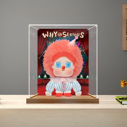 Boîte d'exposition en acrylique miroir Pop Mart Labubu Why So Serious avec anneau lumineux et fond imprimé UV - Vitrine anti-poussière