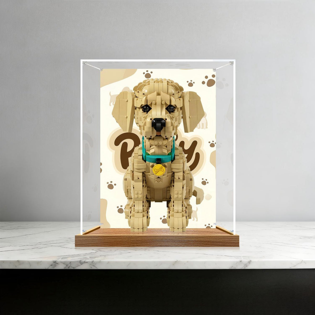 LEGO 11384 Vitrine de Exposição em Acrílico com Espelho para Filhote de Golden Retriever com Anel de Luz e Fundo Impresso em UV - Vitrine à Prova de Poeira
