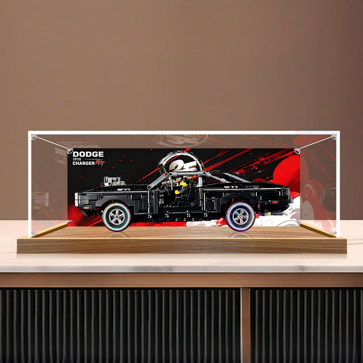 LEGO 42231 دودج تشارجر R/T صندوق عرض أكريليك مع إضاءة حلقية وخلفية مطبوعة بالأشعة فوق البنفسجية - صندوق عرض مقاوم للغبار