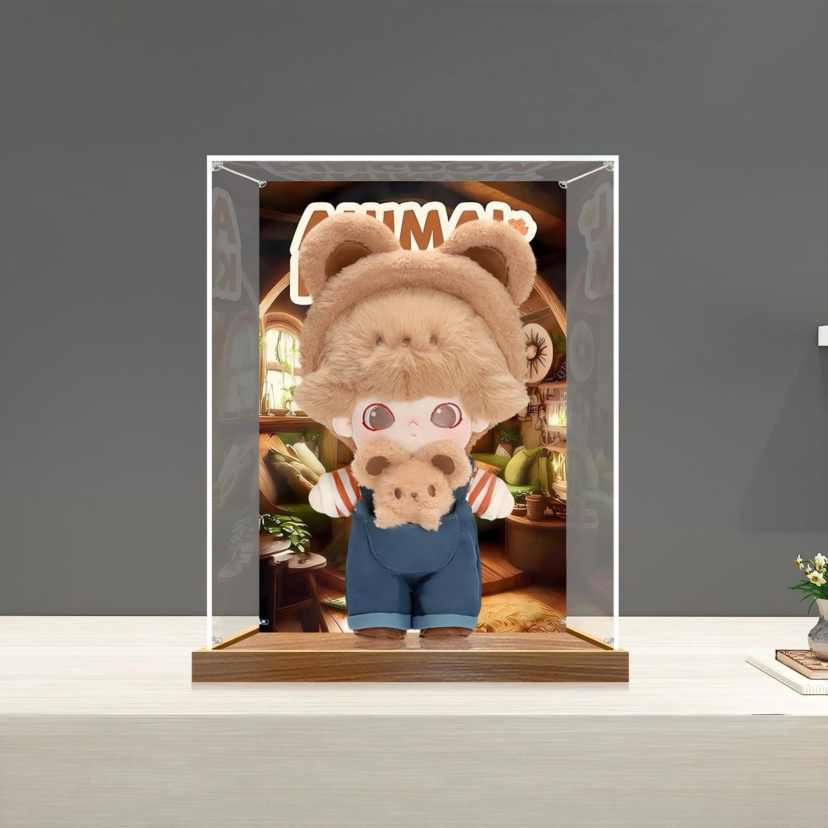 Pop Mart Animal Kingdom Mirror Acrylic Display Case with Ring Light & UV-Printed Background - Dustproof Showcase