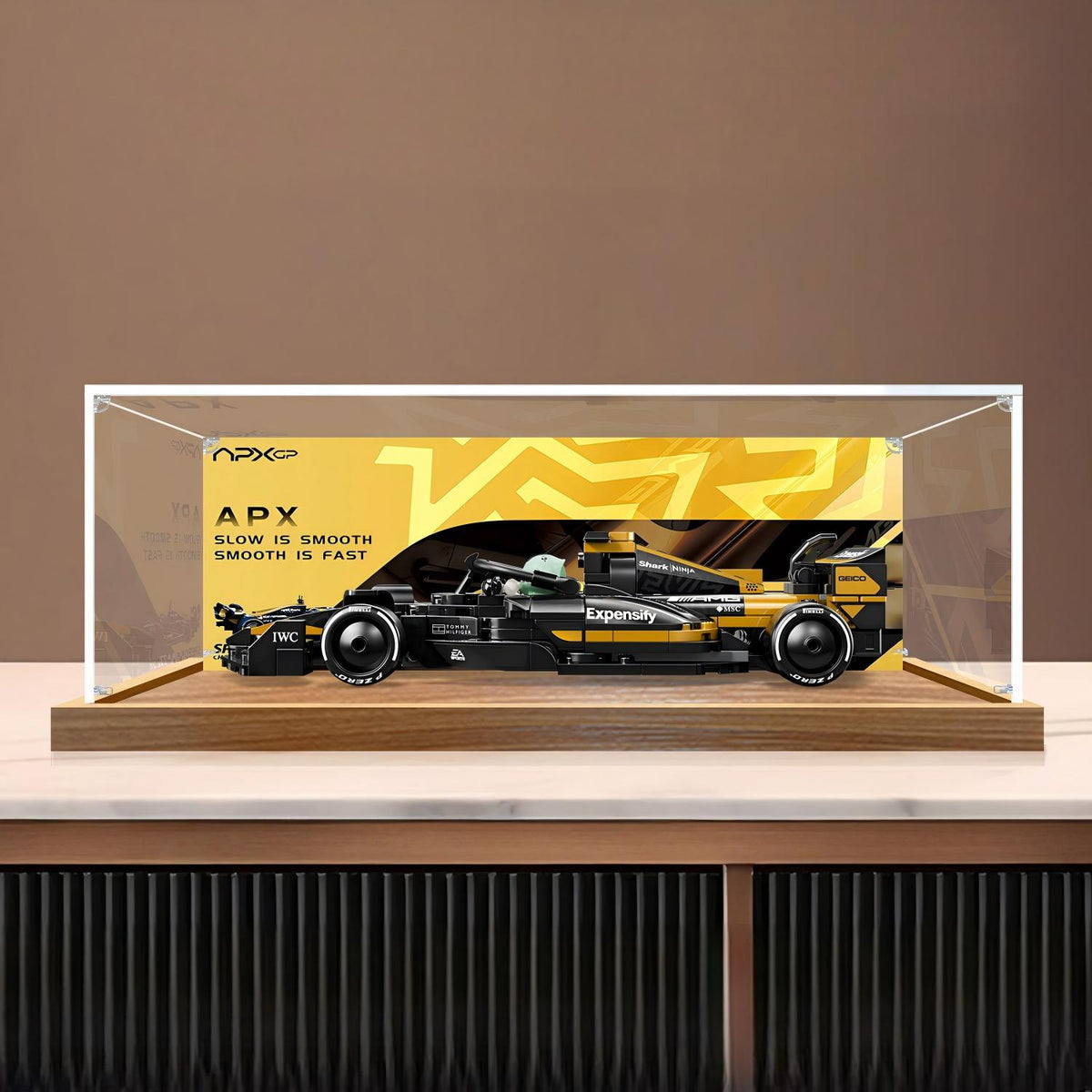 LEGO 77252 APXGP Team Race Car Mirror Acrylic Display Case with Ring Light & UV-Printed Background - Dustproof Showcase