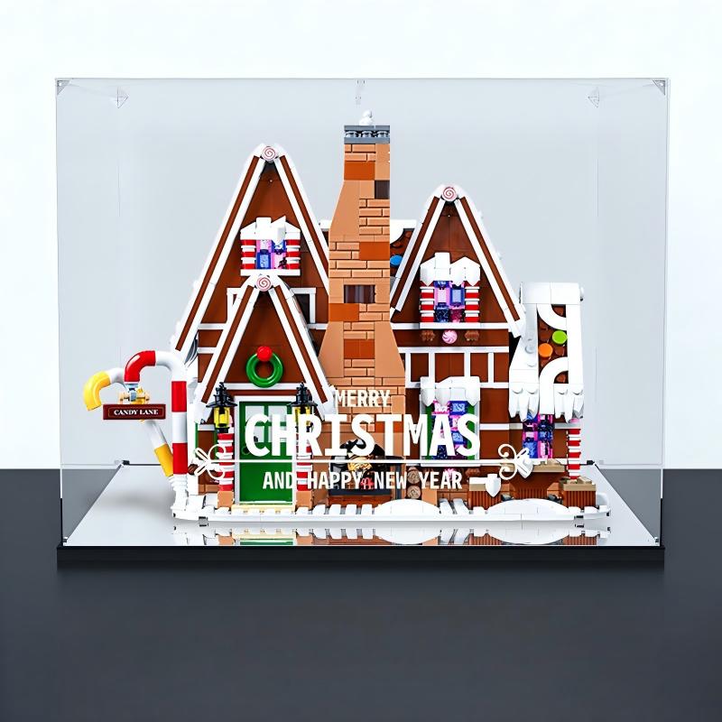 LEGO 10267 Vitrine de Acrílico com Espelho para Casa de Gengibre com Luz de Anel e Fundo Impresso em UV - Expositor à Prova de Poeira