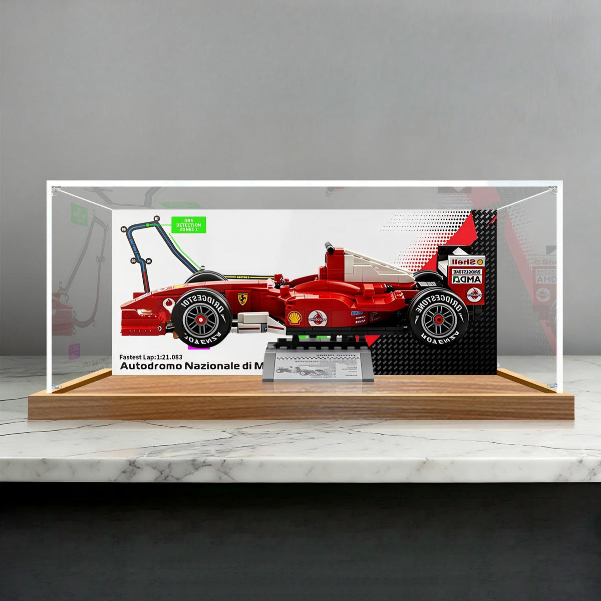 LEGO 11375 Ferrari F2004 & Michael Schumacher Spiegel-Acryl-Vitrine mit Ringlicht & UV-bedrucktem Hintergrund - Staubdichte Vitrine