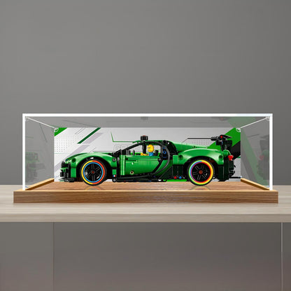 LEGO 42241 Technic Green Bugatti Chiron Pur Sport Hypercar Montre Akryl Display Etui med Ringlys og UV-printet Baggrund - Støvtæt Vitrine