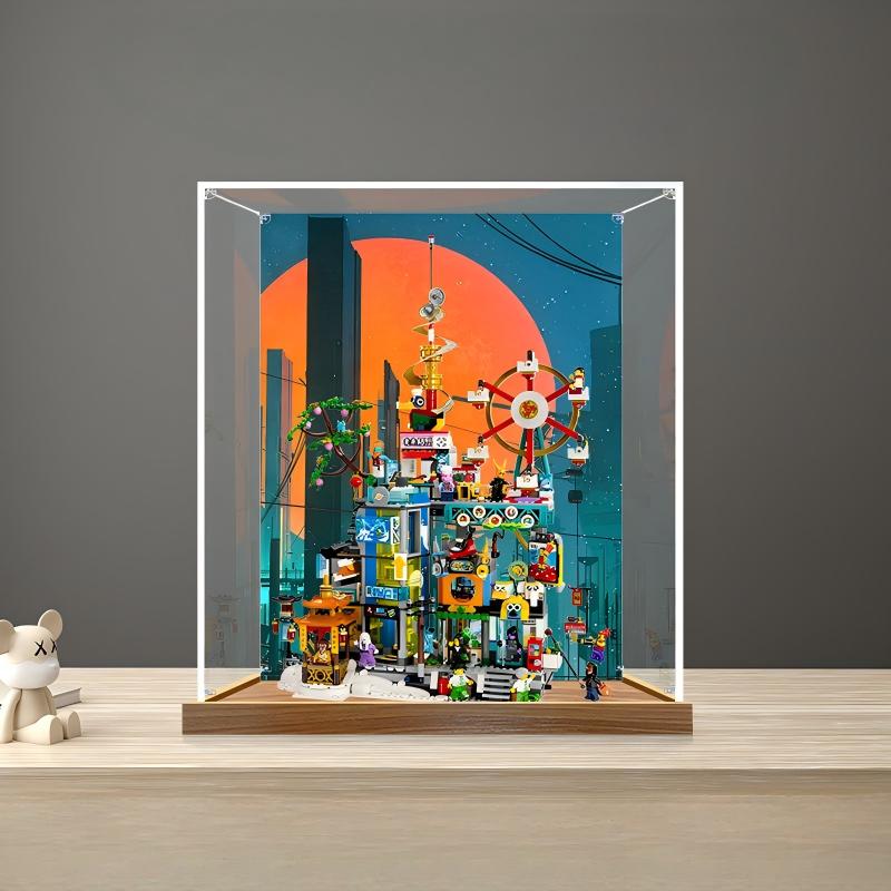 LEGO 80054 مدينة ميغابوليس الذكرى الخامسة علبة عرض أكريليك مرآة مع ضوء حلقي وخلفية مطبوعة بالأشعة فوق البنفسجية - صندوق عرض مقاوم للغبار