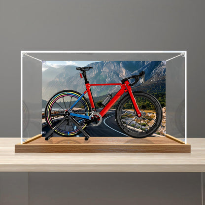 LEGO 11380 Icons Road Bike Mirror Acrylic Display Case with Ring Light & UV-Printed Background - Dustproof Showcase