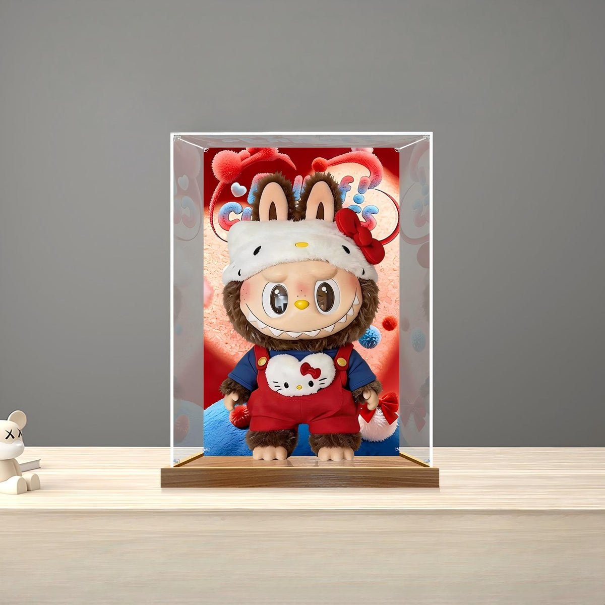 Pop Mart Fluffy Character Mirror Acrylic Display Case with Ring Light & UV-Printed Background - Dustproof Showcase