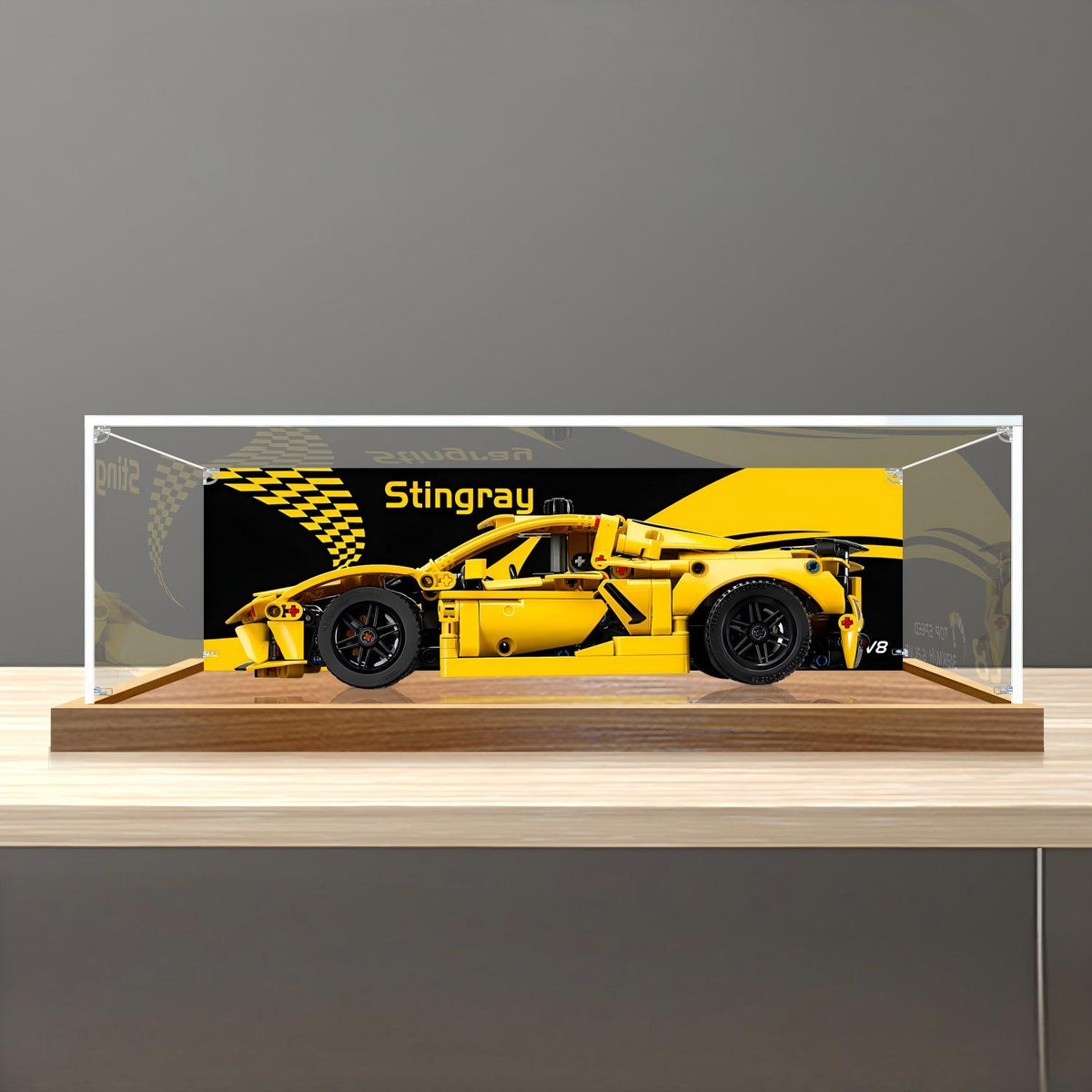 LEGO 42205 Chevrolet Corvette Stingray Mirror Acrylic Display Case with Ring Light & UV-Printed Background - Dustproof Showcase
