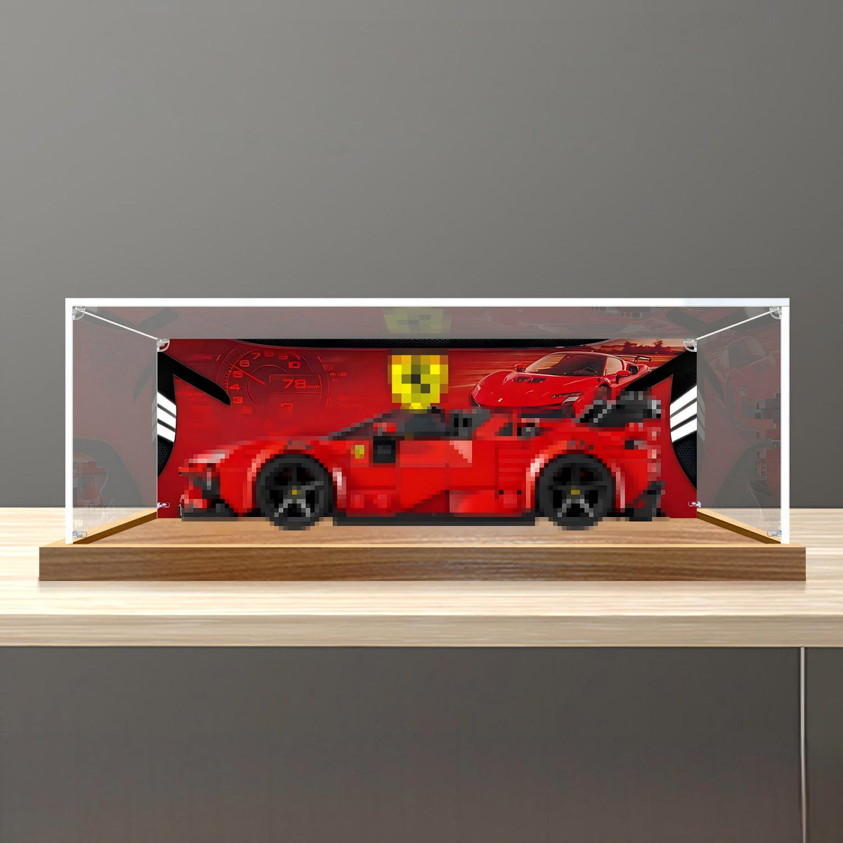 LEGO 77254 Ferrari SF90 XX Stradale Mirror Acrylic Display Case with Ring Light & UV-Printed Background - Dustproof Showcase