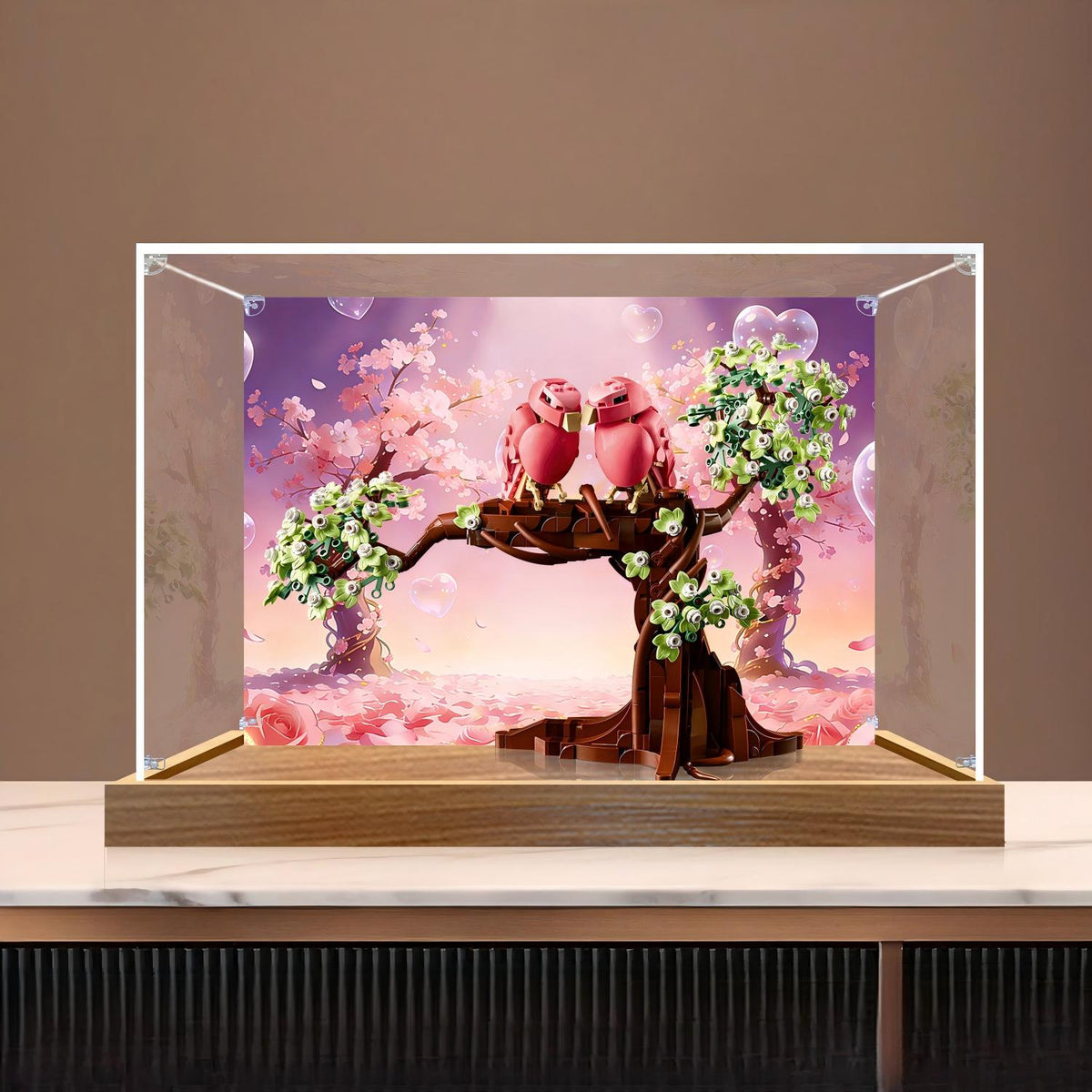 LEGO 21365 Love Birds Spiegel Acryl Vitrine met Ringlicht & UV-Geprinte Achtergrond - Stofdichte Showcase