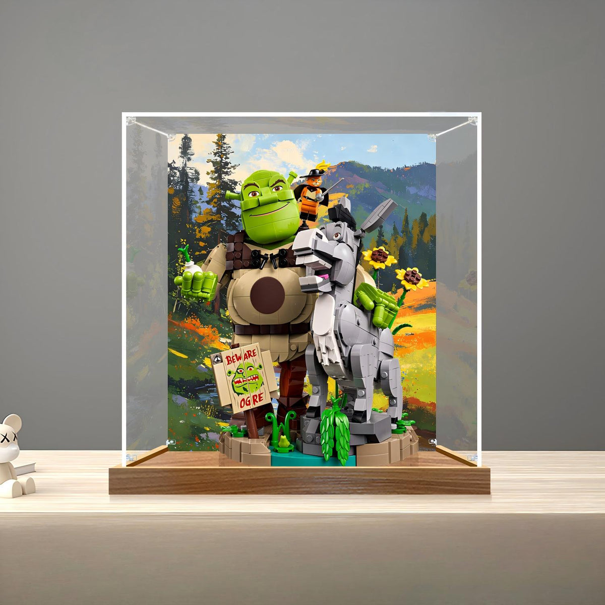 LEGO 72423 Shrek, Burro e Gato de Botas Vitrine de Acrílico com Espelho, Anel de Luz e Fundo Impresso em UV - Vitrine à Prova de Poeira