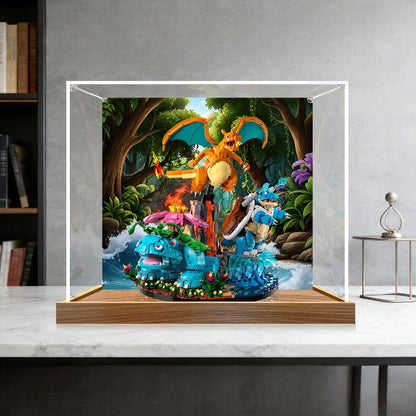 LEGO 72153 Venusaur, Charizard and Blastoise Mirror Acrylic Display Case with Ring Light & UV-Printed Background - Dustproof Showcase