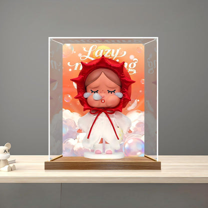 Caixa de Exibição de Acrílico com Espelho para Pop Mart Pucky Lazy Series com Luz de Anel e Fundo Impresso em UV - Vitrine à Prova de Poeira