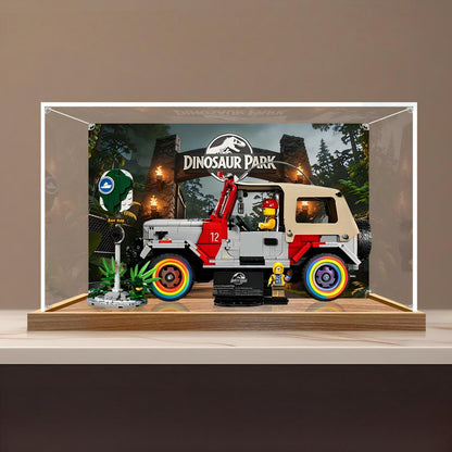 LEGO 77984 Jurassic Park Jeep Wrangler Mirror Acrylic Display Case with Ring Light & UV-Printed Background - Dustproof Showcase