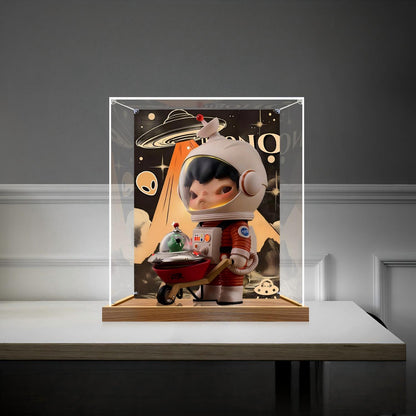 Pop Mart Dimoo Space Mirror Acrylic Display Case with Ring Light & UV-Printed Background - Dustproof Showcase