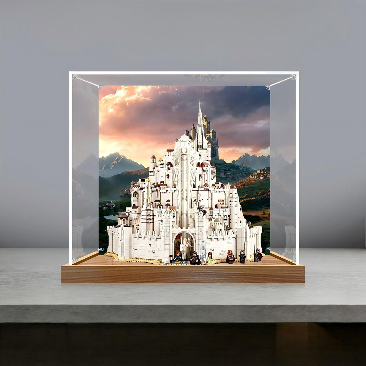 LEGO 11377 Icons The Lord of the Rings: Minas Tirith Mirror Acrylic Display Case with Ring Light & UV-Printed Background - Dustproof Showcase