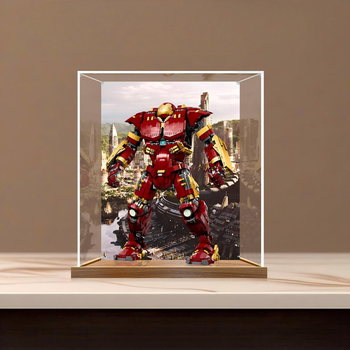 LEGO 76210 反浩克装甲镜面亚克力展示盒，带环形灯和UV印刷背景 - 防尘展示柜
