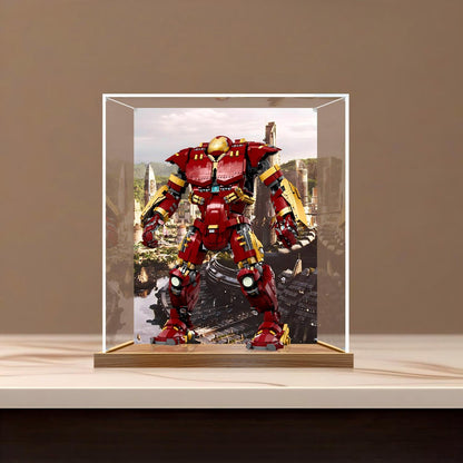 LEGO 76210 反浩克装甲镜面亚克力展示盒，带环形灯和UV印刷背景 - 防尘展示柜