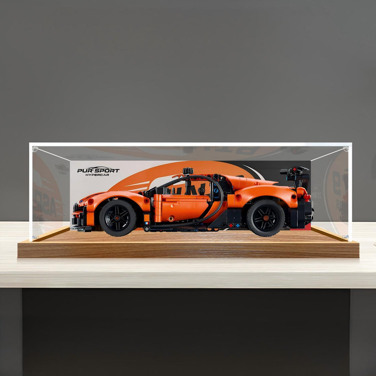 LEGO 42222 Bugatti Chiron Pur Sport Mirror Acrylic Display Case with Ring Light & UV-Printed Background - Dustproof Showcase