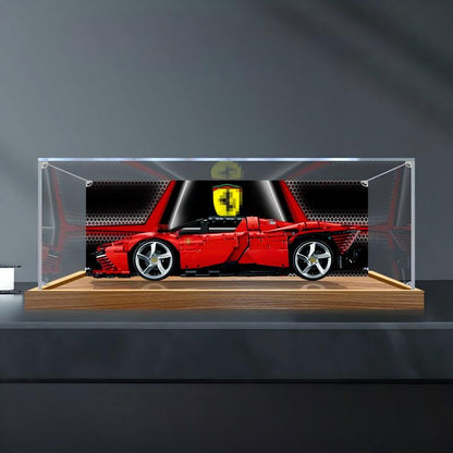LEGO 42143 Ferrari Daytona SP3 Acryl-Vitrine mit Ringlicht & UV-bedrucktem Hintergrund - Staubdichte Ausstellungsvitrine