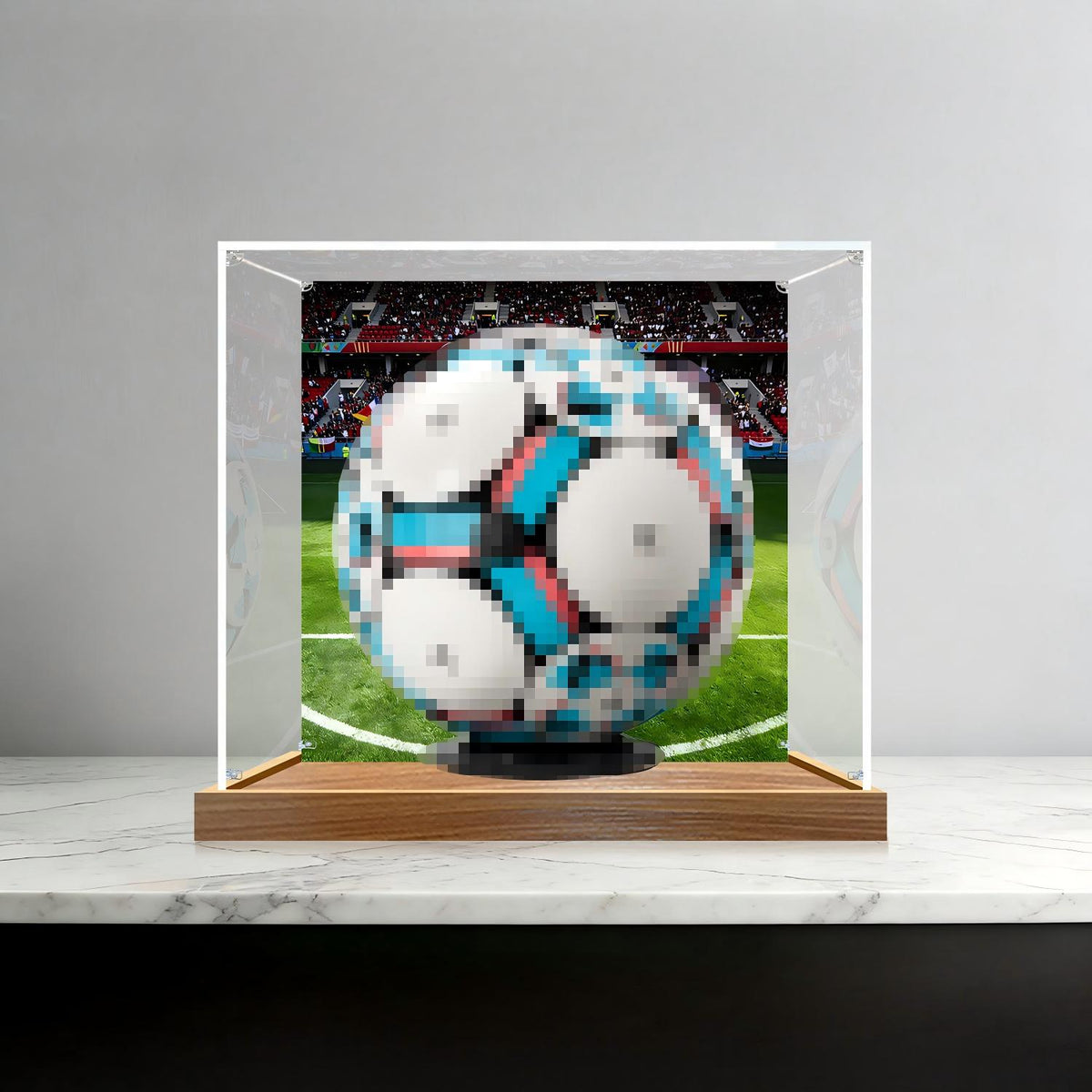 LEGO 43019 Soccer Ball Mirror Acrylic Display Case with Ring Light & UV-Printed Background - Dustproof Showcase